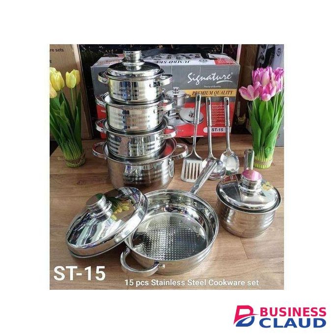Signature 15Pcs Premium Quality Induction Base Sufurias. Stainless Steel Cookware Set With Stainless Steel Cooking Pots and Lids. (6 Cooking Pots + 6 Lids + 3 Serving Spoons).