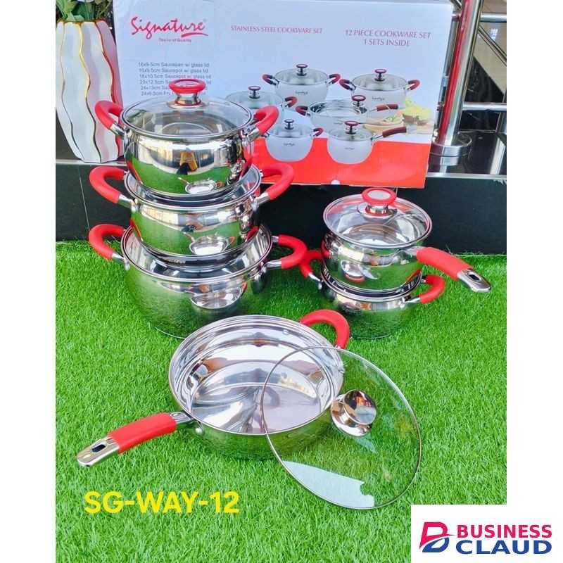 Signature Quality Stainless Steel Cookware Set, 12-Piece, Casseroles, Saucepan, Fry Pan, Ergonomic Handles, induction Compatible, Dishwasher Safe, Durable, Stylish Kitchen Essentials