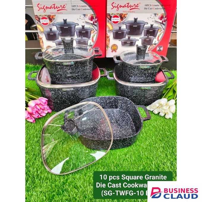 Signature 10 PCS Heavy duty Granite Die cast Square Cooking Pot Sufuria & Cookware Set with glass lids