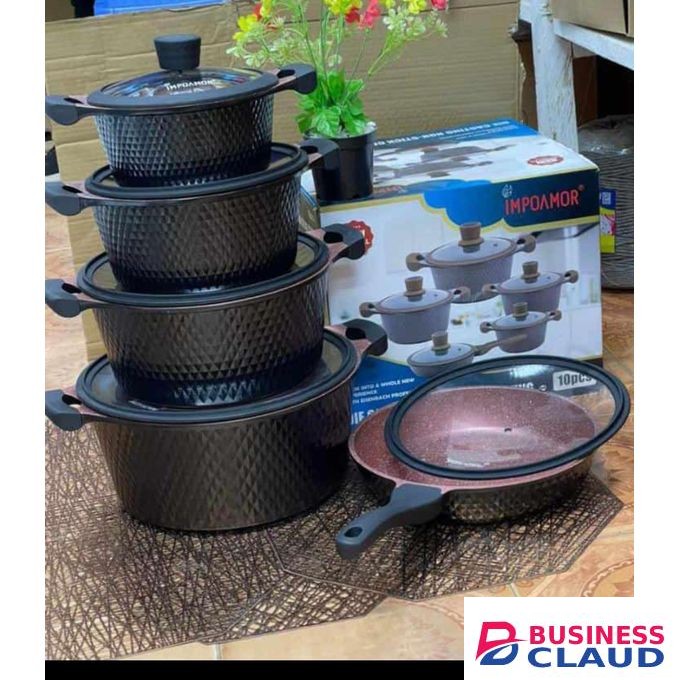 10 Piece Die Cast Non Stick Cookware Set Brown and Black Heavy Duty Cooking Pots with Glass Lids Durable Kitchen Cookware for Gas and Electric Cookers