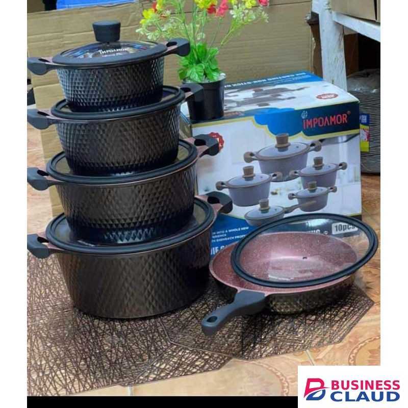 10 Piece Die Cast Non Stick Cookware Set Brown and Black Heavy Duty Cooking Pots with Glass Lids Durable Kitchen Cookware for Gas and Electric Cookers