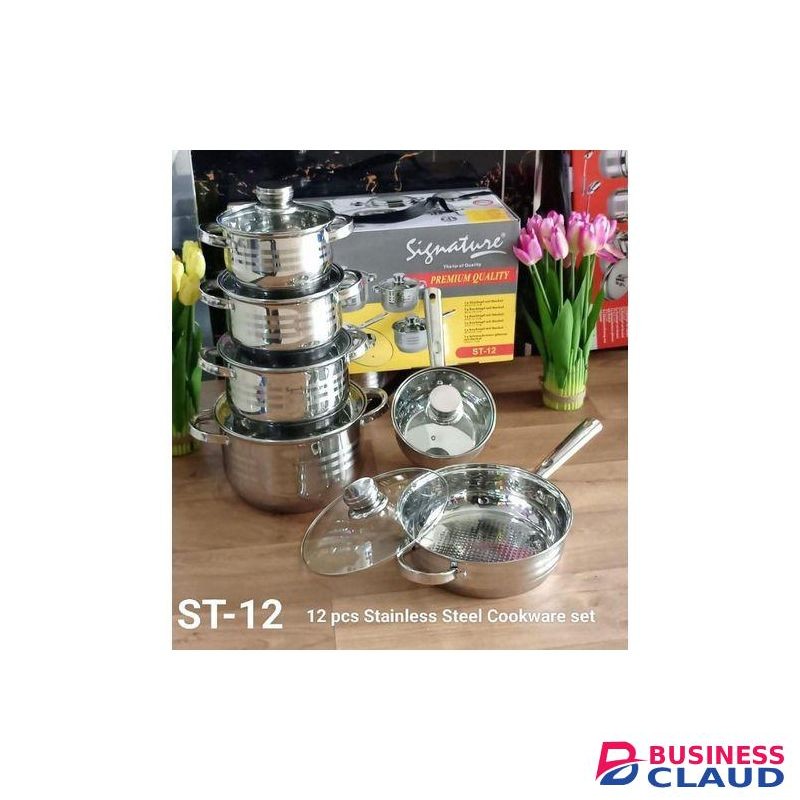 Signature 12 Piece Stainless Steel Pots and Pans set with Glass Lids and Induction Base
