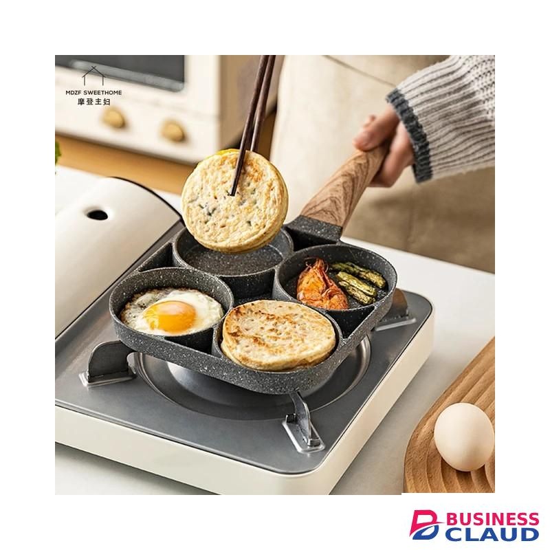 4 Holes Non-stick Frying Pan Aluminum Omelette Pan Burger Egg Ham Pancake Cookware Frying Pan with Wooden Handle