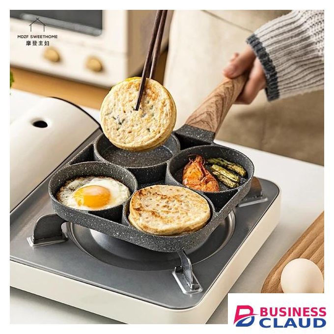 4 Holes Non-stick Frying Pan Aluminum Omelette Pan Burger Egg Ham Pancake Cookware Frying Pan with Wooden Handle