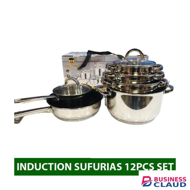 12Pcs Premium Quality Induction Base Sufurias Stainless Steel Cookware Set With Glass Lids Cooking Pots