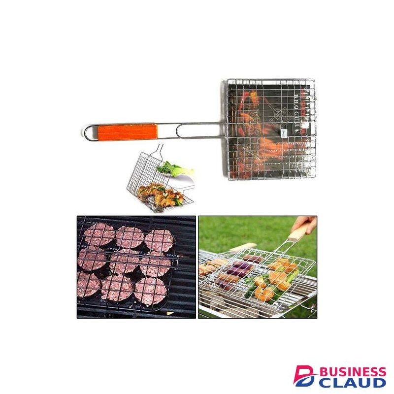 Steel Barbecue BBQ Grill Net Basket Roast Grilling Tray Plated + Wooden Handle