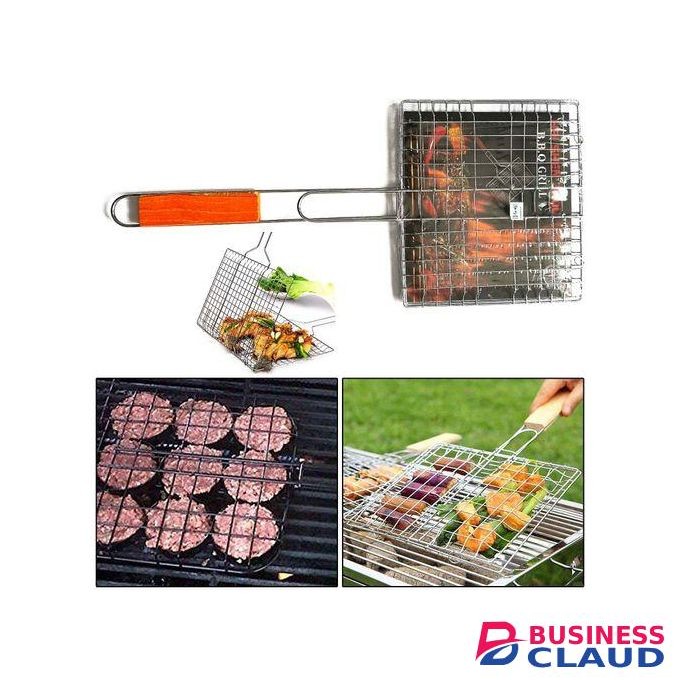 Steel Barbecue BBQ Grill Net Basket Roast Grilling Tray Plated + Wooden Handle