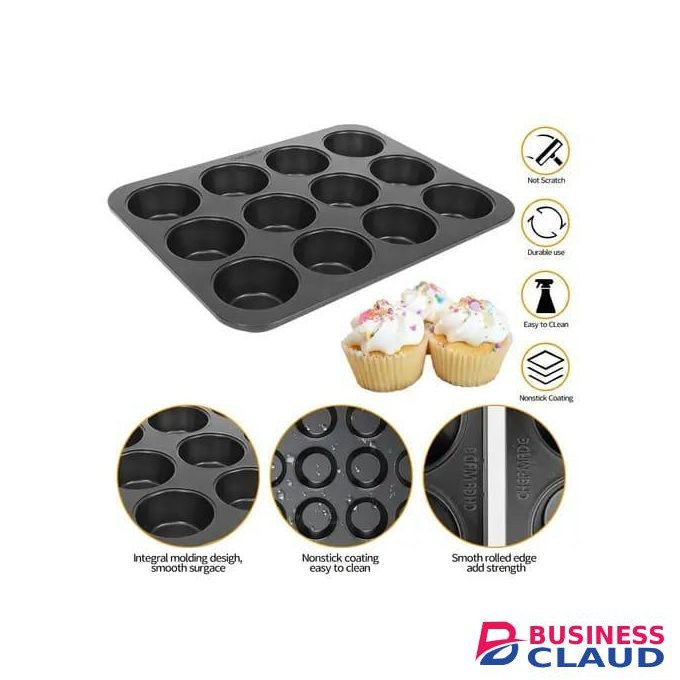 Premium 12-Cup Non-Stick Cupcake Tray - Heavy-Duty Carbon Steel Muffin Baking Pan - Professional Standard Size Cupcake Mold for Baking Muffins, Tarts, and Savory Snacks