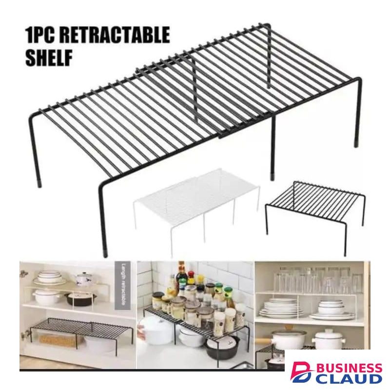 Strong Retracting Extending Metallic Shelf Raiser – Adjustable Expandable Kitchen/Bedroom Storage Organizer, Heavy-Duty Stainless Steel Rack for Plates, Pots, Cups, Bathroom Essentials, Space-Saving Extendable Shelf