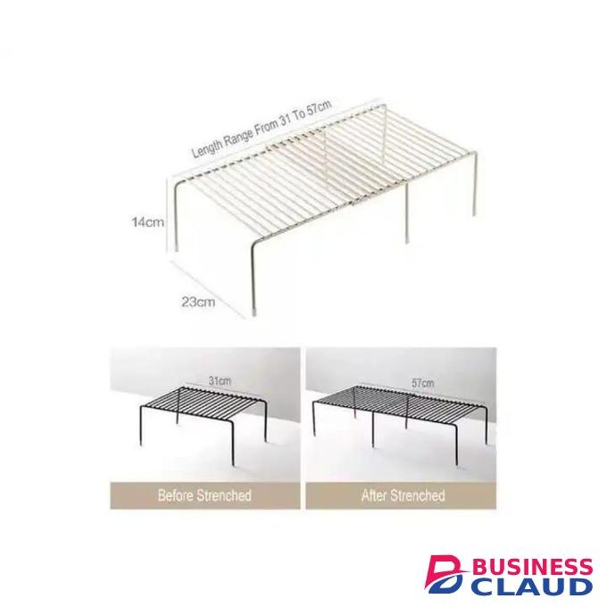Strong Retracting Extending Metallic Shelf Raiser – Adjustable Expandable Kitchen/Bedroom Storage Organizer, Heavy-Duty Stainless Steel Rack for Plates, Pots, Cups, Bathroom Essentials, Space-Saving Extendable Shelf