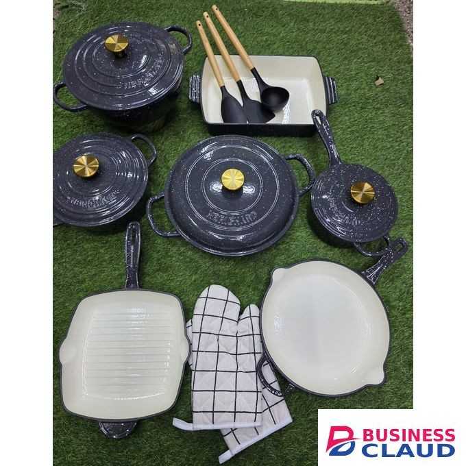 12-Piece Marble Print Enamel Cast Iron Cookware Set – Heavy Duty, Bake & Serve Ready