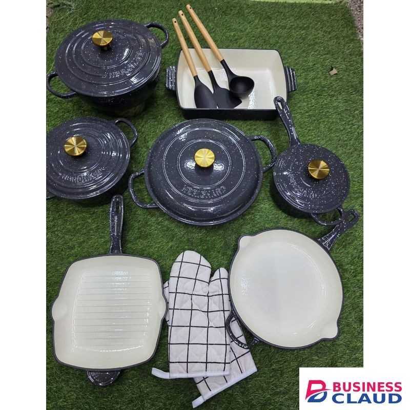 12-Piece Marble Print Enamel Cast Iron Cookware Set – Heavy Duty, Bake & Serve Ready