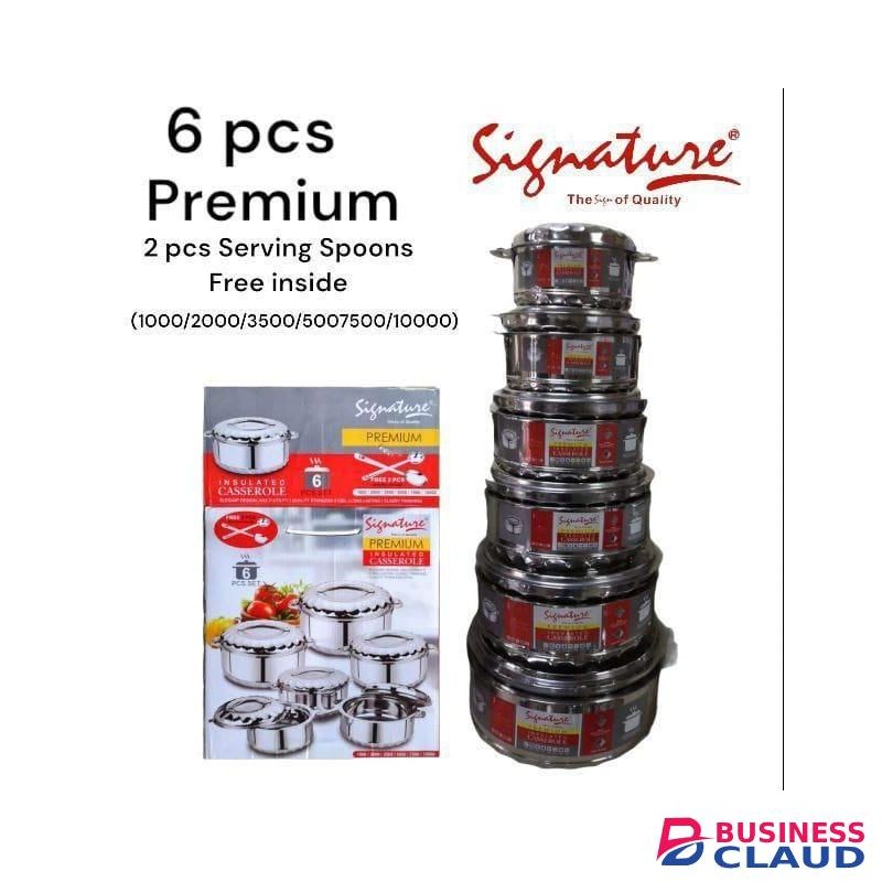 Signature 6PCS Heavy Gauge Hot Pots Serving Set – Stainless Steel Thermal Dishes With Lids – Keeps Food Hot For Hours – Durable & Elegant Design – Includes Free Serving Spoon – Ideal For Home & Events