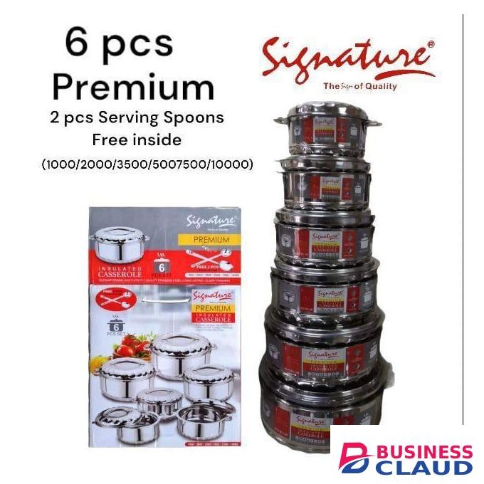 Signature 6PCS Heavy Gauge Hot Pots Serving Set – Stainless Steel Thermal Dishes With Lids – Keeps Food Hot For Hours – Durable & Elegant Design – Includes Free Serving Spoon – Ideal For Home & Events