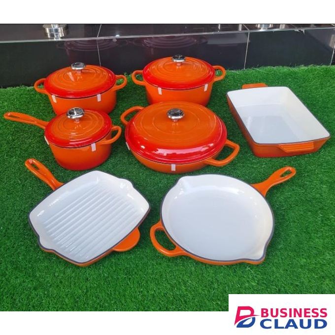 Pot Cast Iron Cookware Set – 7-Piece Set, Non-Stick, Durable, Superior Heat Retention – Perfect For Baking, Frying, Cooking & Serving, Orange