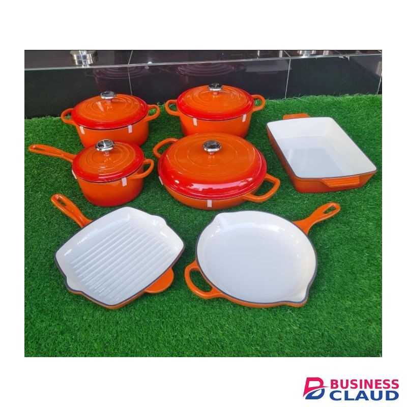 Pot Cast Iron Cookware Set – 7-Piece Set, Non-Stick, Durable, Superior Heat Retention – Perfect For Baking, Frying, Cooking & Serving, Orange