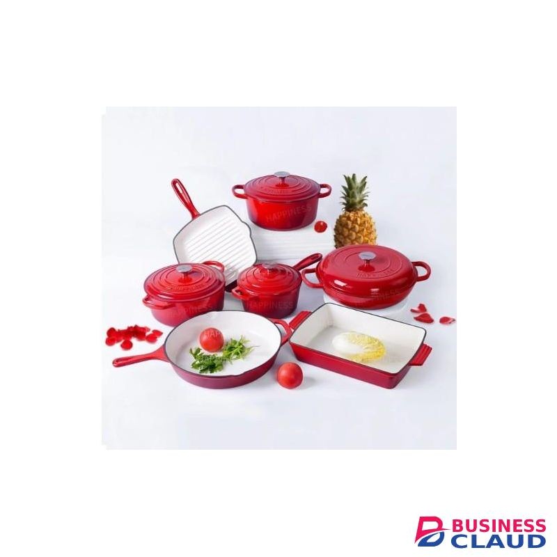 Pot Cast Iron Cookware Set – 7-Piece Set, Non-Stick, Durable, Superior Heat Retention – Perfect For Baking, Frying, Cooking & Serving, Red