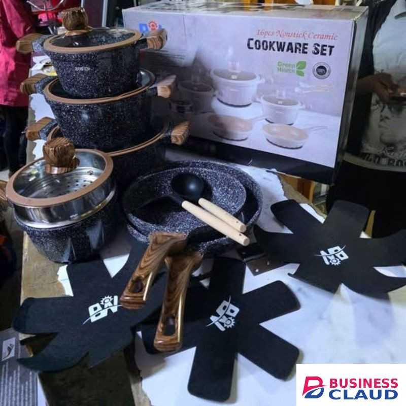 16 PCs Non-Stick Cookware Set with Mats, 3 Casseroles, 2 Pans, Sauce Pan and Silicon Serving Spoons