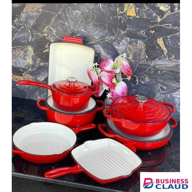 SFE 11 Piece Cast Iron Cookware Set Heavy Duty Nonstick Cooking Pots with Lids Oven Grill and Frying Pan Durable Heat Retaining Cast Iron Cookware for Kitchen Baking and Serving in Red .Orange and Grey