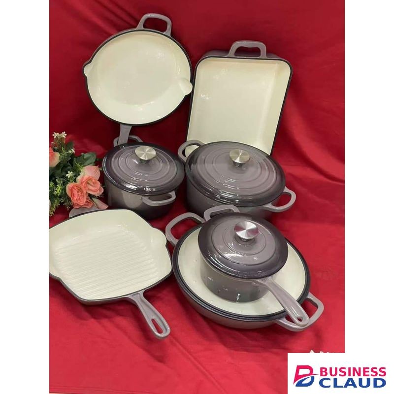 SFE 11 Piece Cast Iron Cookware Set Heavy Duty Nonstick Cooking Pots with Lids Oven Grill and Frying Pan Durable Heat Retaining Cast Iron Cookware for Kitchen Baking and Serving in Red .Orange and Grey