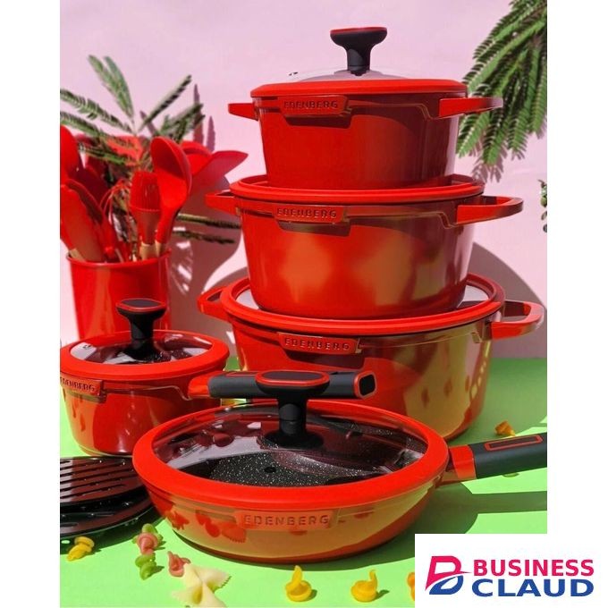 EDENBERG 12 Pcs Marble-Coated Cookware Set-Red