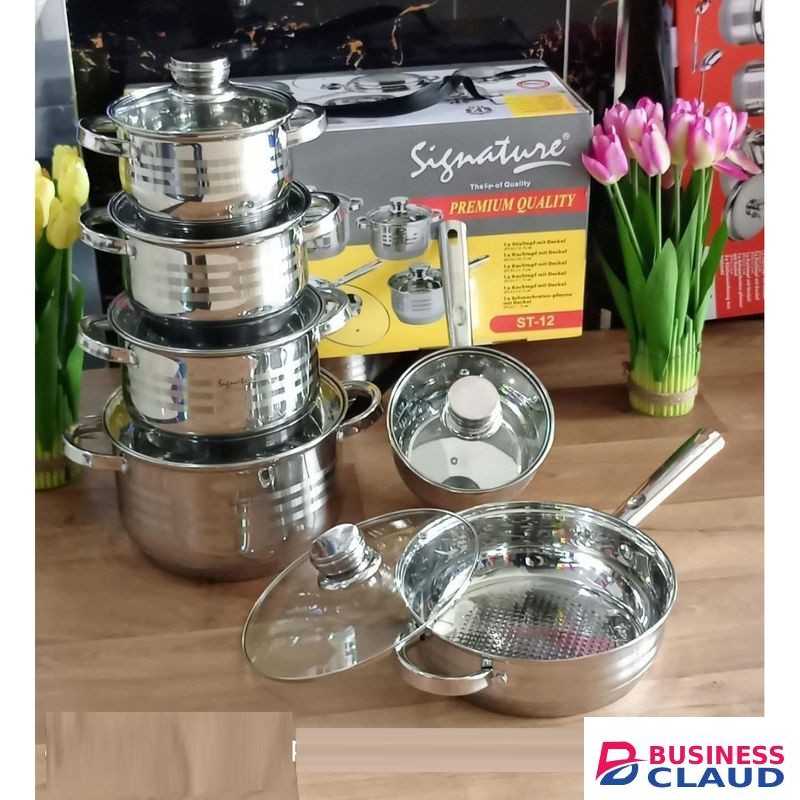 Signature Induction Base Stainless Steel Cookware Set with Glass Lids-12pc