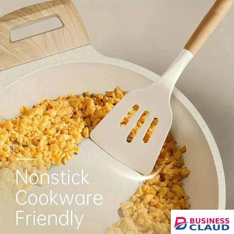 10-piece set of non-stick pans with wooden handles and silicone spatulas - khaki