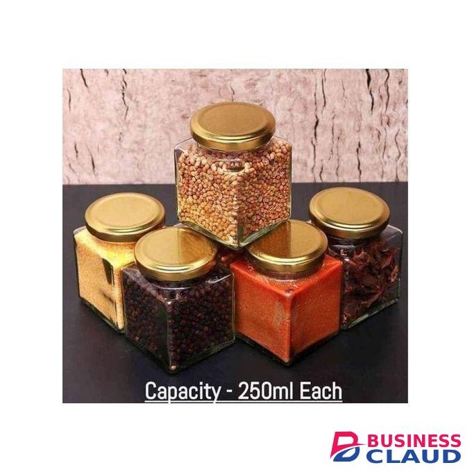 10pieces-Glass Square Spice Jars Air Tight Jar For Storage With Gold Lid (250ML)