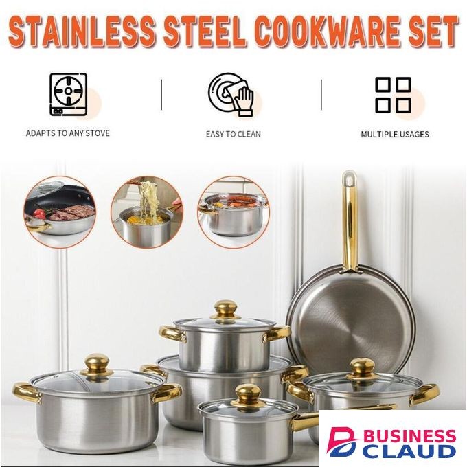 12Pcs Heavy Non-Stick Cooking Pot Set/Cookware Set With Frying Pan - With Glass Lid - Gold