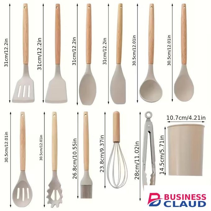 12Pcs Silicone Cooking Utensils Set – Non-Stick, Heat Resistant, Wooden Handle -Khaki