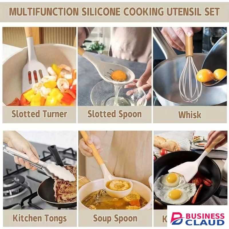 12Pcs Silicone Cooking Utensils Set – Non-Stick, Heat Resistant, Wooden Handle -Khaki