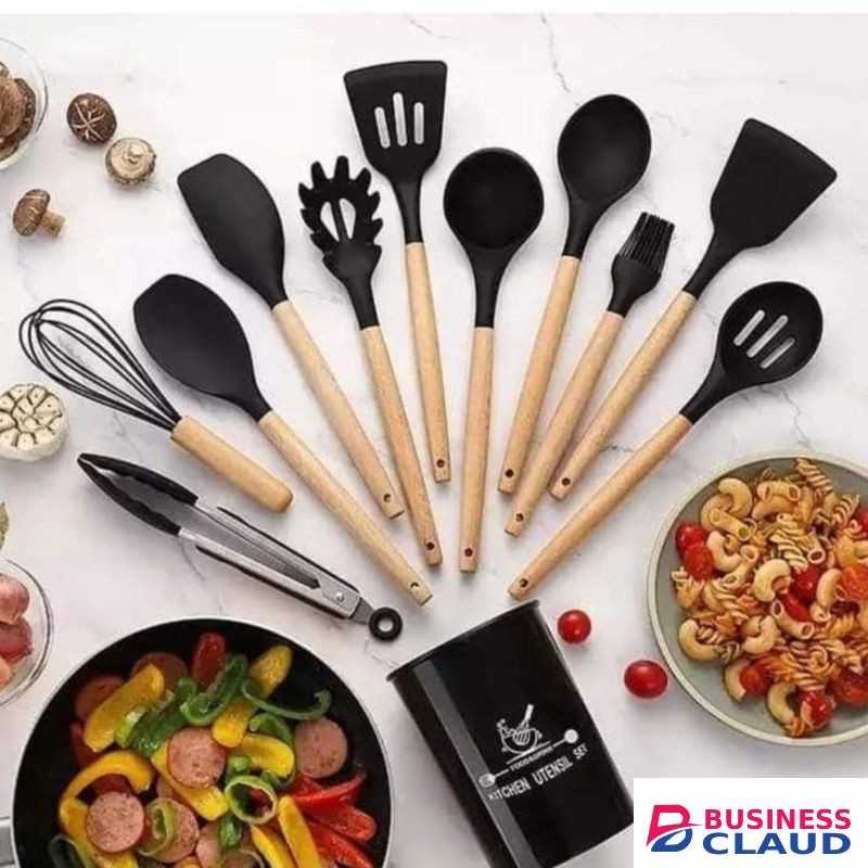 12pcs Silicone Cooking Utensils Set with Wooden Handles – Heat Resistant Non-Stick Kitchen Tools with Holder