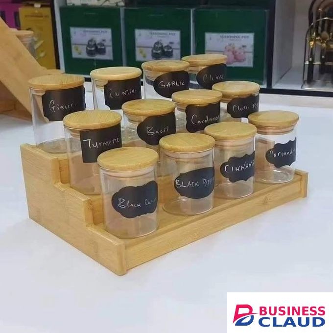 12pcs clear Glass Spice Jar set with a Wooden Bamboo Stand