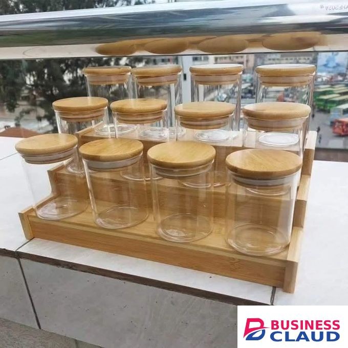 12pcs clear Glass Spice Jar set with a Wooden Bamboo Stand