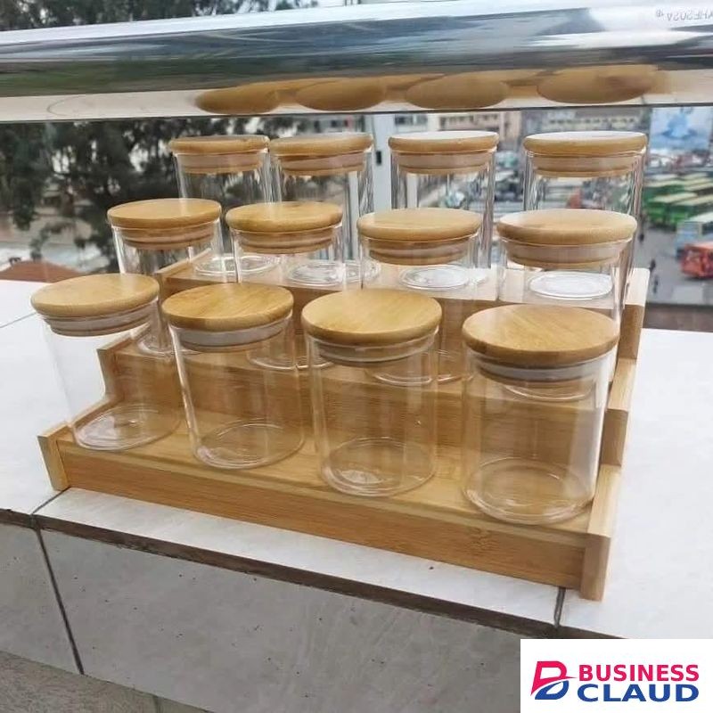 12pcs Glass Spice Jar set with a Wooden Bamboo Stand