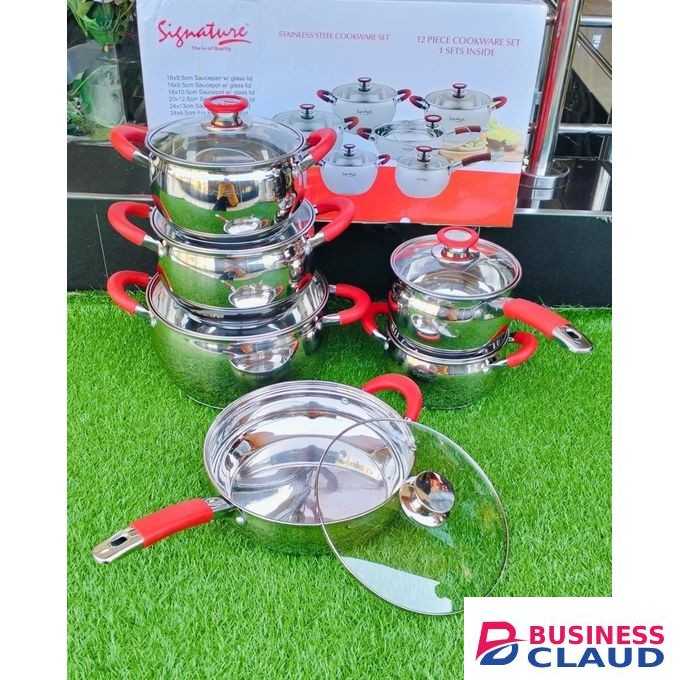 Signature 12-Piece Stainless Steel Cookware Set – Red Handles