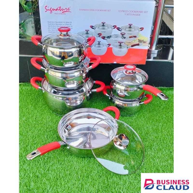 Signature 12-Piece Stainless Steel Cookware Set – Red Handles