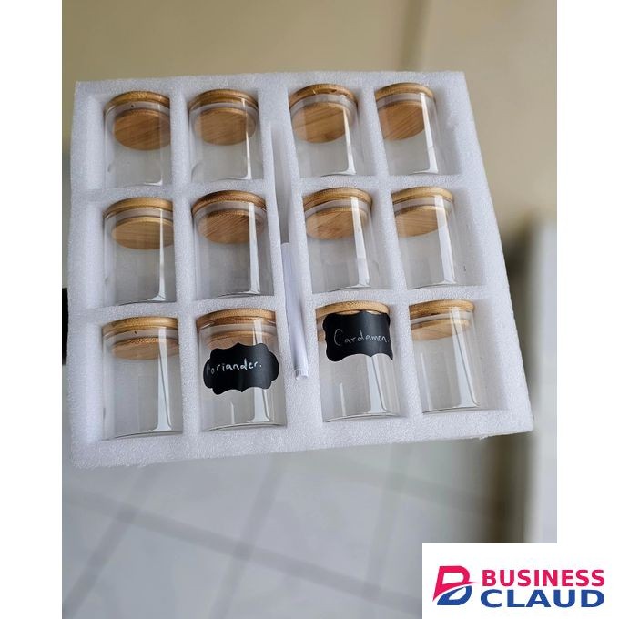 12pcs clear Round Glass spice jar set -Capacity: 200ml -Comes with free stickers + pen