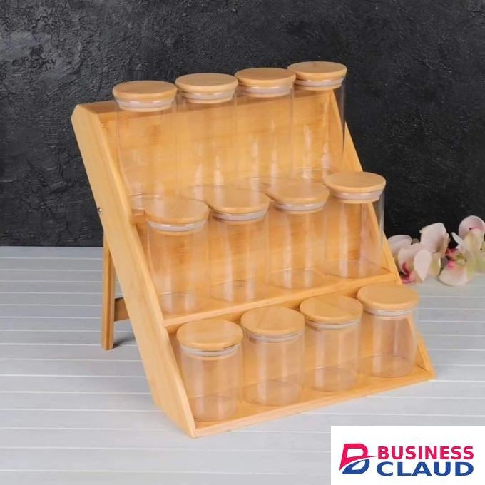 12pcs airtight glass spice clear jars with bamboo lids (200mls capacity) 3 Tier bamboo spice Rack