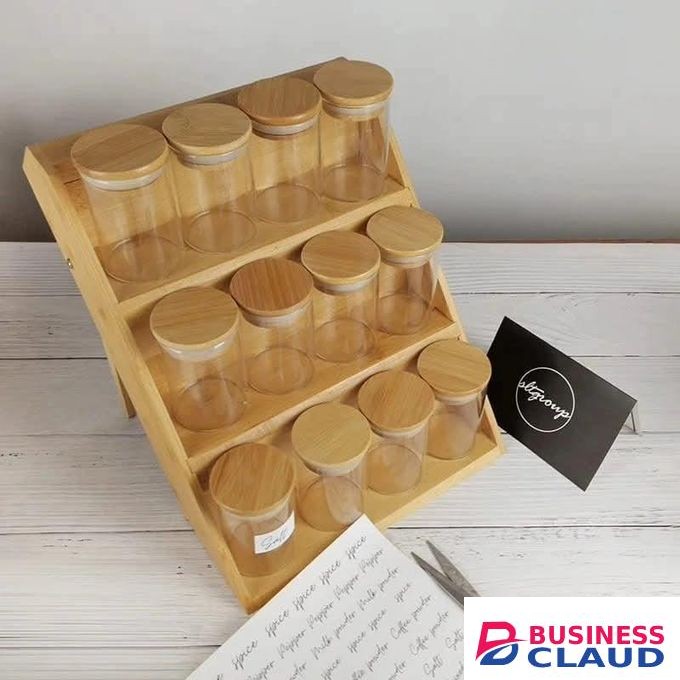 12pcs airtight glass spice clear jars with bamboo lids (200mls capacity) 3 Tier bamboo spice Rack