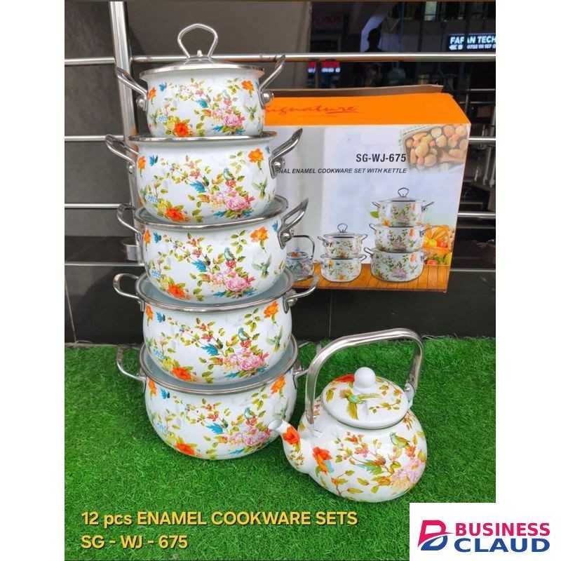 Signature 12-Piece Enamel Cooking Pot Set – Floral Non-Stick Sufurias + Kettle. Long-Lasting & Stylish