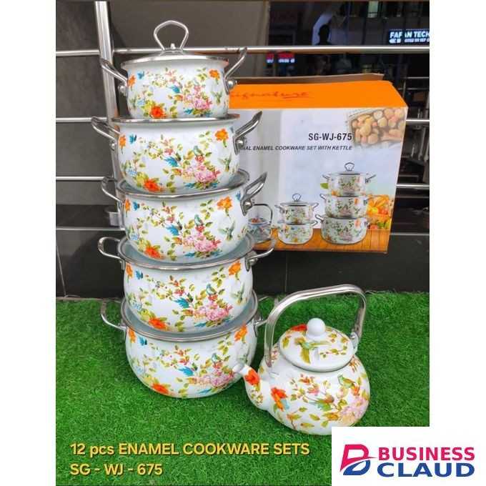 Signature 12-Piece Enamel Cooking Pot Set – Floral Non-Stick Sufurias + Kettle. Long-Lasting & Stylish