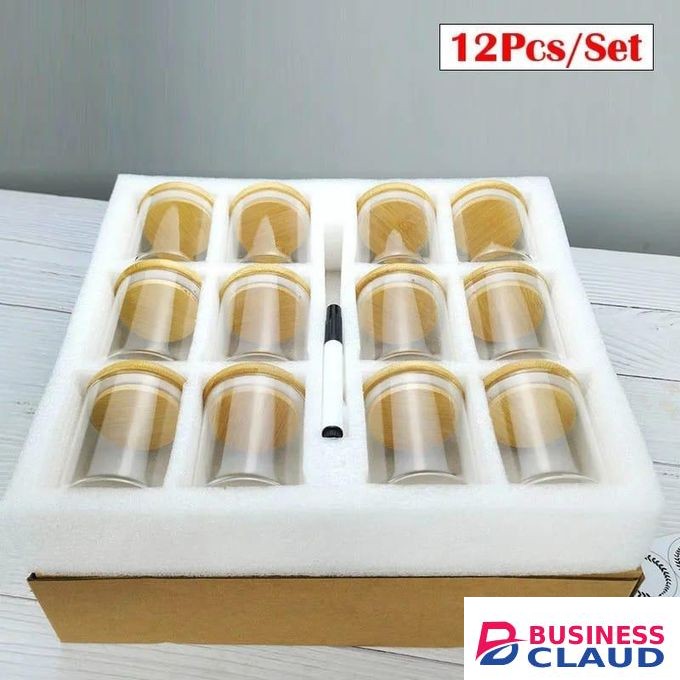 12pcs Round Glass Spice Jar Set with Bamboo Lid 200ml Airtight Containers for Kitchen Storage Seasoning Herbs and Spices with Free Stickers and Pen