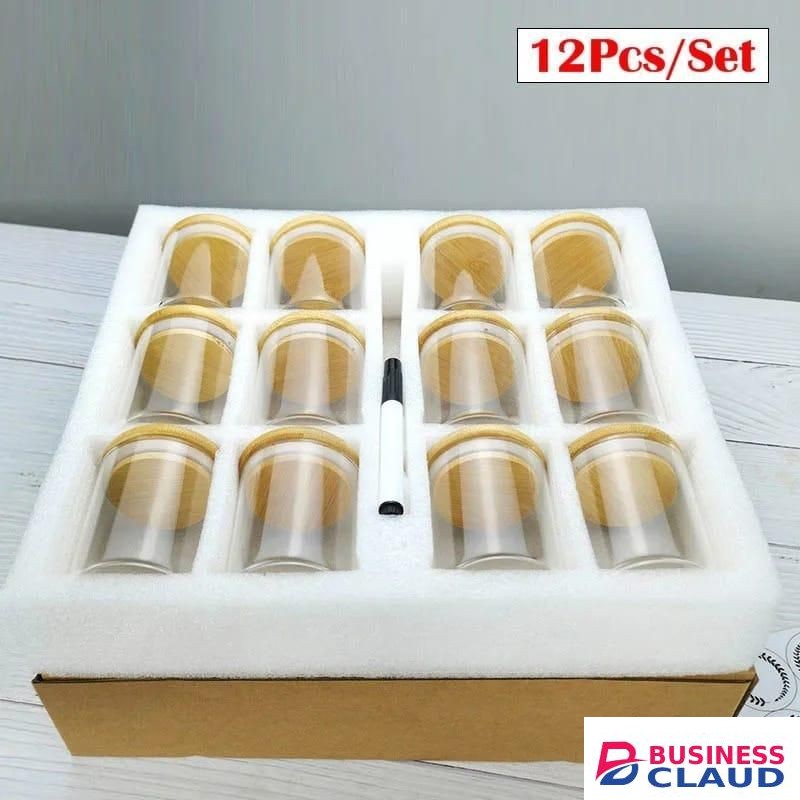 12pcs Round Glass Spice Jar Set with Bamboo Lid 200ml Airtight Containers for Kitchen Storage Seasoning Herbs and Spices with Free Stickers and Pen