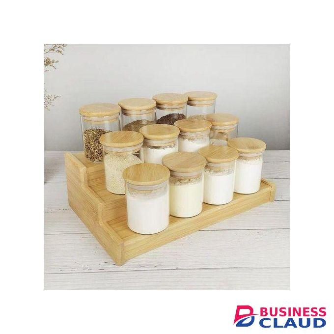 12 Pcs Glass Spice Jar Set With Bamboo Lids and a 3 tier bamboo rack Rack