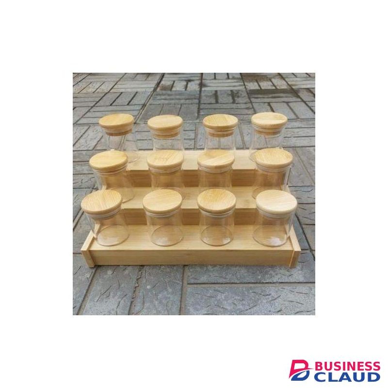 12 Pcs Glass Spice Jar Set With Bamboo Lids and a 3 tier bamboo rack Rack