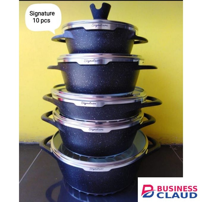 Signature 10 Pcs Heavy Duty Granite Die Om Cast Cookware With Lids