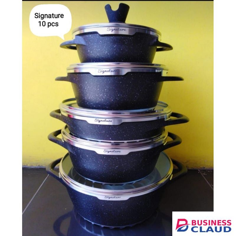 Signature 10 Pcs Heavy Duty Granite Die Om Cast Cookware With Lids