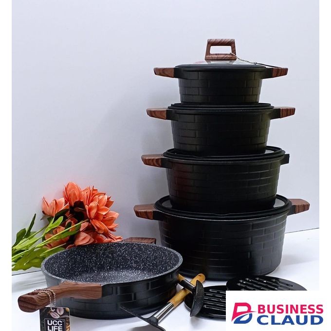 13-Piece Granite Coated Cookware Set with Silicone-Lined Glass Lids and Accessories