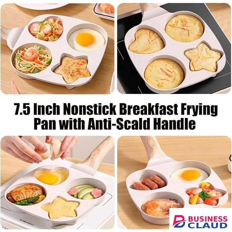 4-Grid Non-Stick Omelette Pan with Scald-Proof Handles, Kitchen Gadgets for Pancakes, Burgers, and Sandwiches - White